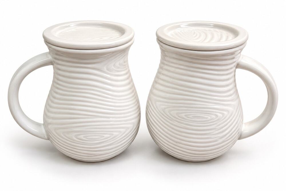 Temp-tations Woodland White 18 Oz Mugs w Lid Coasters Set of 2 Woodgrain